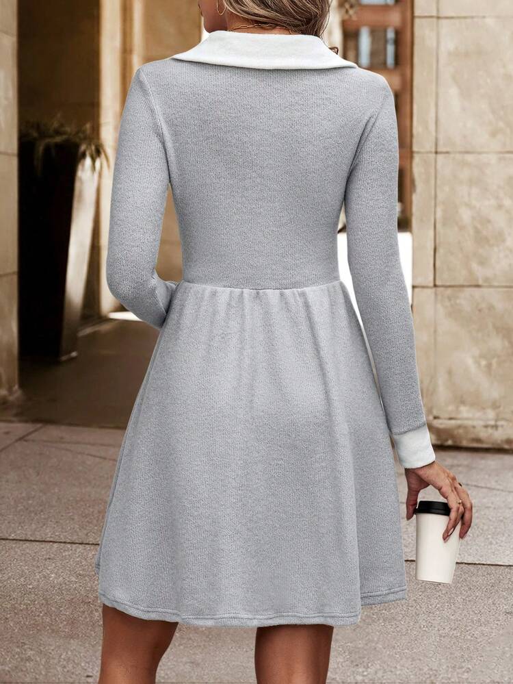 Women's Color-block Turn-down Collar Dress