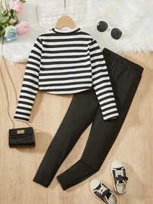 SHEIN Tween 女童休闲条纹长袖 T 恤和裤子套装 - 黑與白 - 查看 2