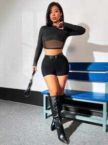 SHEIN Unity Women's Mesh Splice Round Neck Crop Top - Black - View 5