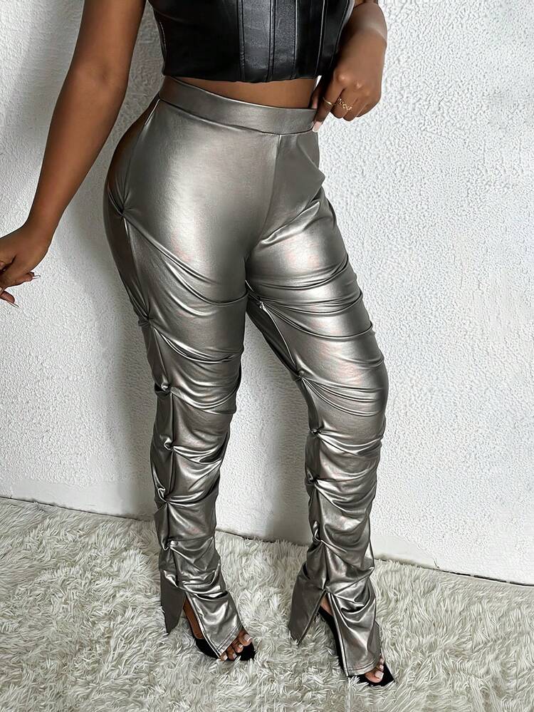Plus Split Hem Ruched PU Leather Pants