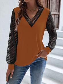 SHEIN LUNE Lace Panel V Neck Blouse - Brown - View 1