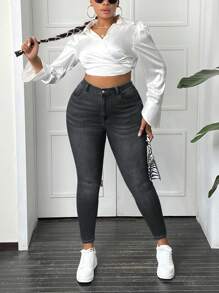 SHEIN EZwear Kích thước lớn Quần jean ôm - màu đen - Xem 4