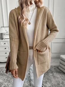 SHEIN LUNE Hooded Cardigan With Patch Pockets Fall Winter Cloth For Women - Khaki - View 4