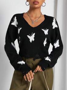 SHEIN EZwear Hình Bướm Tay áo dài Cổ chữ V Áo len - màu đen - Xem 1