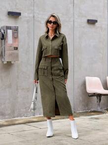 Aveloria Modichic Ladies' Solid Color Button Up Shirt And Split Hem Skirt Set 