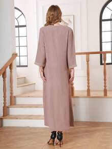 女士拼接流苏七分袖优雅阿拉伯风连衣裙 - 藕粉色 - 查看 2