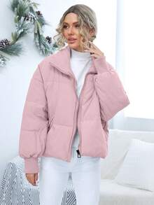 SHEIN Essnce 纯色棉质休闲冬季夹克 - 淺粉色 - 查看 4