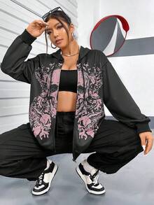 Flirla 連帽骷髏印花帶拉鍊的運動衫 - 黑色 - 查看 5