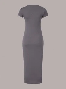 Sparklyn 青少年女孩休闲百搭纯灰色短袖及膝连衣裙 - 灰色 - 查看 2