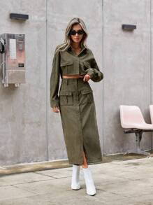 Aveloria Modichic Ladies' Solid Color Button Up Shirt And Split Hem Skirt Set 