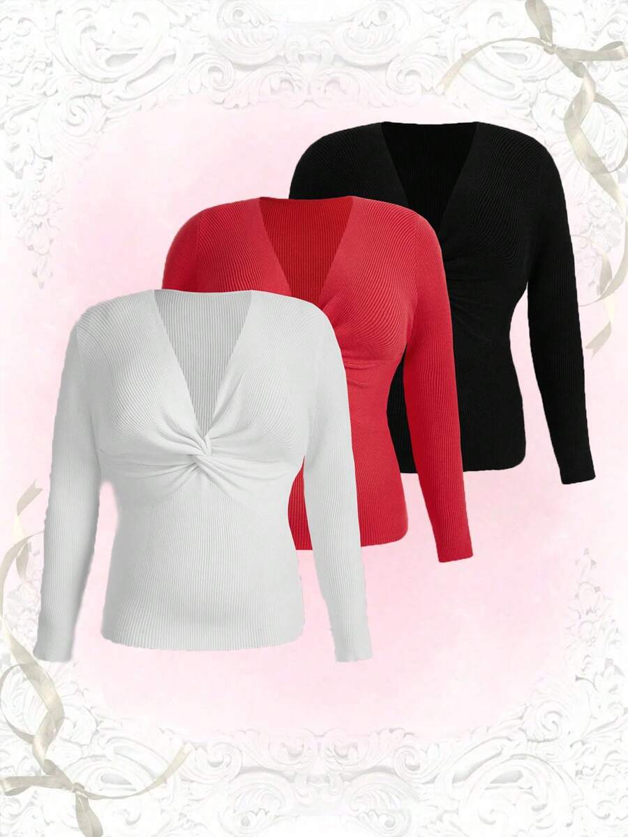 Flirla Suéter de punto de 3 piezas de talla grande en unicolor, suéter de punto de otoño e invierno - Negro - Ver 1