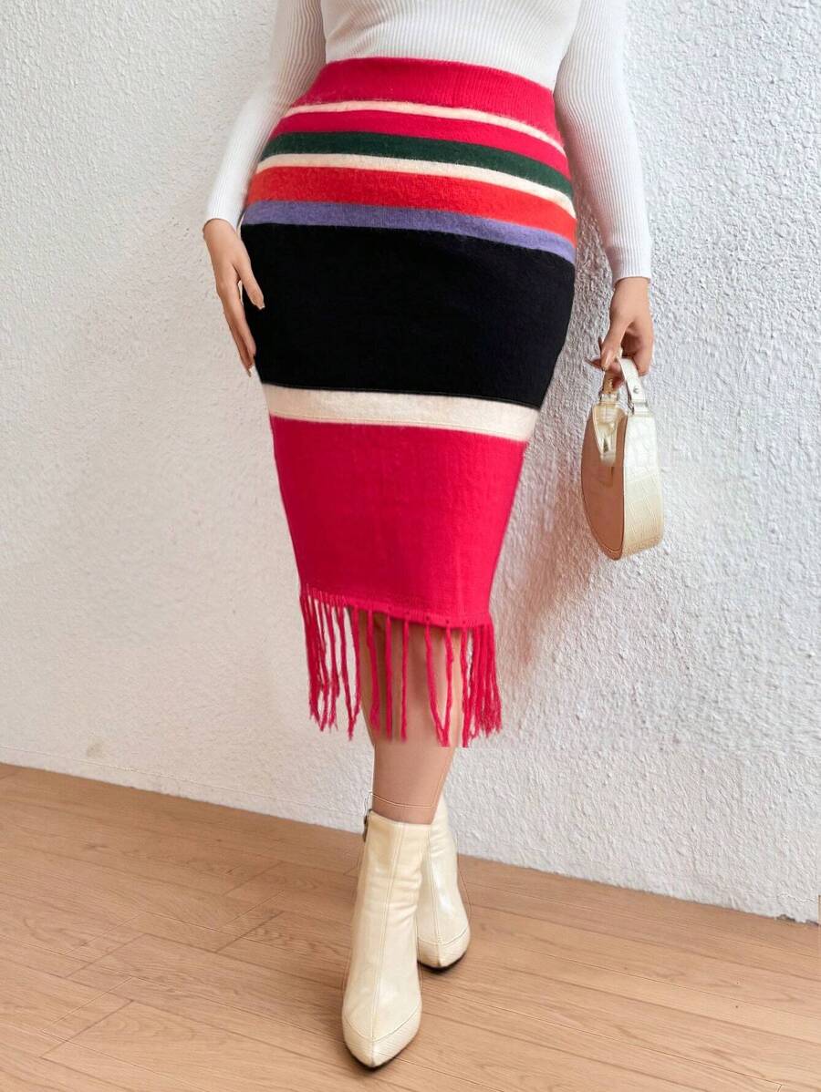 Flirla 大尺碼女士條紋流蘇毛衣裙 - 紅色 - 查看 1