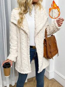 SHEIN Unity Waterfall Collar Open Front Teddy Coat - Khaki - View 3