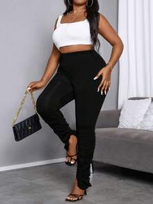 Maweii Của phụ nữ Kích thước lớn Màu thuần Xếp li Viền chia cắt Xà cạp - màu đen - Xem 5