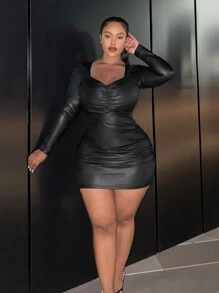 Slaydiva Kích thước lớn Xếp li Da giả Đầm Với Cổ Trái tim - màu đen - Xem 5