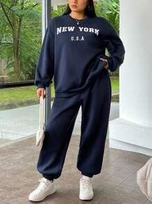 SHEIN EZwear 大尺碼女款簡約印花純色圓領運動衫與運動褲套裝 - 藏蓝色 - 查看 4