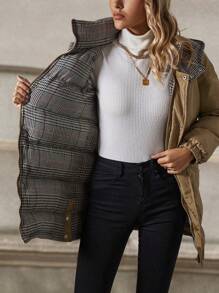 SHEIN Unity Abrigo acolchado con capucha forrado a cuadros para mujer, ropa de invierno