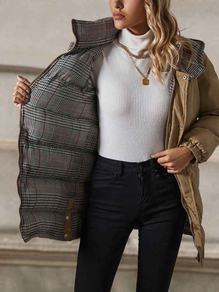 Women's Checked Lined Hooded Padded Padded Coat Clothes Winter Fall Cloth For Women