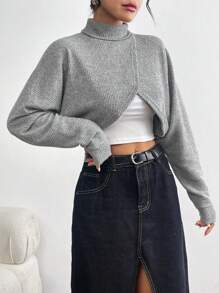 SHEIN Essnce 女式純色高領蝙蝠袖交叉包款短版 T 卹 - 灰色 - 查看 5