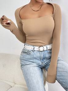 SHEIN Essnce Cổ vuông Tay áo dài Áo thun - Lạc đà - Xem 5