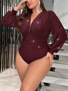 SHEIN Privé Plus Size Metallic Lurex Lantern Sleeve Bodysuit - Burgundy - View 1
