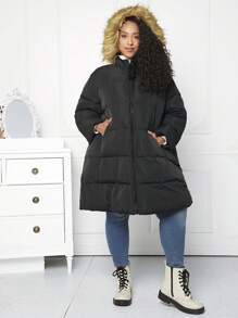 SHEIN CURVE+ Plus Slant Pockets Fuzzy Trim Hooded Padded Coat, For Winter Fall Autumn