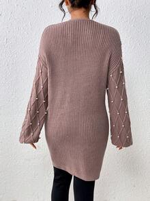 SHEIN Essnce Women's Pearl Studs Drop Shoulder Cardigan - Rust Brown - View 2