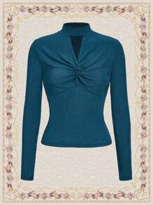 SHEIN DECDS 女款鎖孔領扭曲長袖t卹聖派翠克日三葉草幸運草圖案 - 綠色 - 查看 1