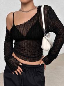 SHEIN Unity 不對稱領木耳邊T恤不附胸罩 - 黑色 - 查看 6