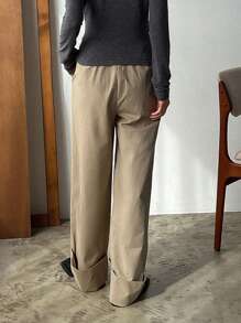 Dazy Designer Solid Color Fold-over Pleated Wide Leg Pants - Khaki - View 4