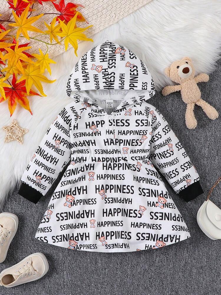 Infant Girls' Casual Cute Hooded Dress With Fun Letter Print Pattern