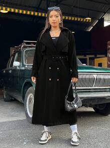 SHEIN EZwear Plus Size Solid Color Double Breasted Belted Trench Coat - Black - View 4