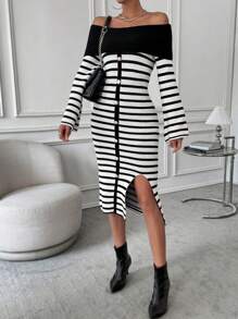 SHEIN Unity 女士條紋露肩毛衣裙 - 黑與白 - 查看 4