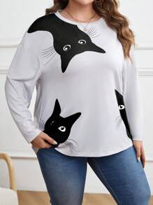 EMERY ROSE Plus Size Women's Kitty Printed Drop Shoulder T-shirt - Light Grey - View 3