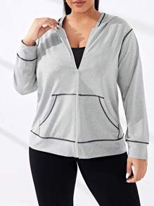 SHEIN Sports 大碼拼接車縫拉鏈開襟連帽運動夾克 - 淺灰色 - 查看 1