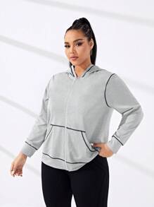 SHEIN Sports 大碼拼接車縫拉鏈開襟連帽運動夾克 - 淺灰色 - 查看 5