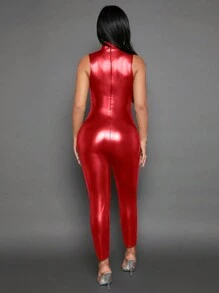 SHEIN SXY Của phụ nữ Đứng cổ áo Cắt dán Quần áo nịt - Đỏ - Xem 2