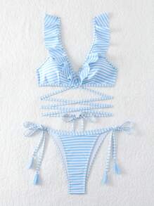 SHEIN Swim 女士条纹荷叶边比基尼套装夏季海滩 - 藍色 - 查看 4