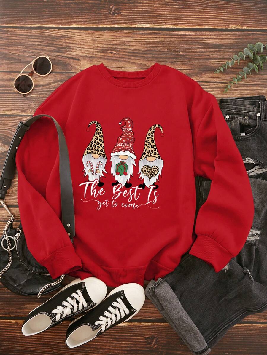 SHEIN LUNE 卡通印花常規版型抓絨衛衣 - 紅色 - 查看 1