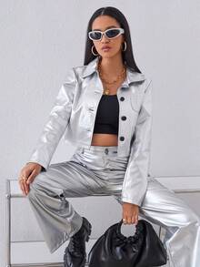 SHEIN ICON 塗層長袖女裝夾克 - 銀色 - 查看 3