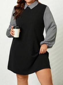 SHEIN LUNE Vestido de manga larga con estampado a cuadros en contraste, para la vuelta al colegio en otoño e invierno, tallas grandes - Negro - Ver 5