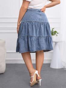SHEIN Privé Kích thước lớn Denim Kỳ nghỉ Phong cách Lỏng lẻo Chân Váy xếp ly - Màu xanh lam - Xem 2