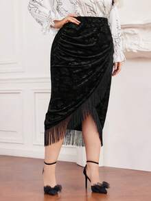 Modelyn Plus Size Wrap Overlap Skirt With Tassel Hem - Black - View 3