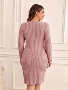 SHEIN Frenchy 大尺碼純色長袖連衣裙,無腰帶款式 - 藕粉色 - 查看 2