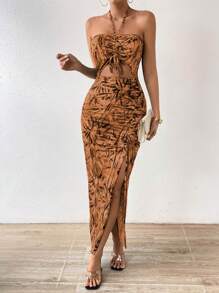 Breezaya Đầm Maxi Cổ Halter In Hình Cây Cối Cắt Ra Có Dây Rút Phía Trước Xẻ Đùi Trang Phục Đi Biển Cho Nữ - Màu Khaki - Xem 6