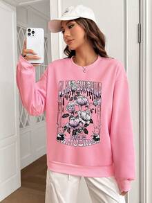 SHEIN EZwear Women's Floral Print Sweatshirt With Slogan - Baby Pink - View 3