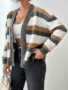 SHEIN Của phụ nữ Sọc Thả vai Áo len Mở - Nhiều màu - Xem 3