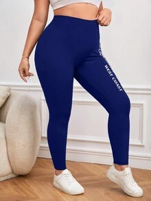 SHEIN EZwear 女性加大碼高腰帶字圖案緊身褲 - 藏蓝色 - 查看 3