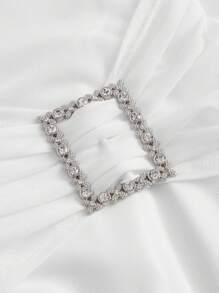 SHEIN MOD 女士拼接網眼分層下擺裝飾褶襉緊身連身裙,水鑽紐扣 - 白色 - 查看 3