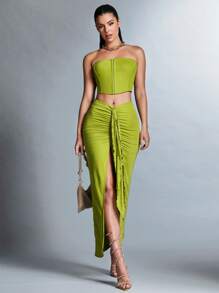 SHEIN BAE Conjunto De Top De Tubo Y Falda Con Dobladillo De Volantes Plisados Para Mujer - Verde - Ver 3